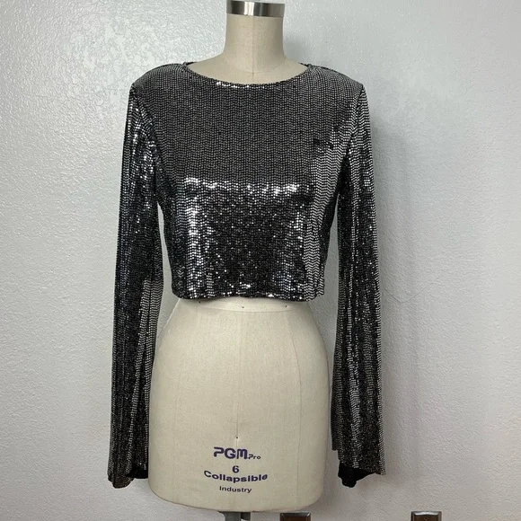 Vintage studio 54 Y2K silver black sparkle disco ball effect crop top S - Picture 1 of 6